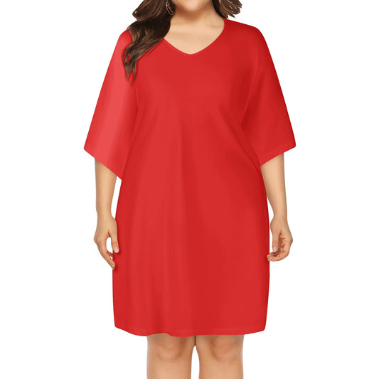 Womens Red V-Neck Plus Size Loose Dress