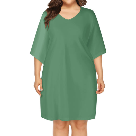 Womens Green V-Neck Plus Size Loose Dress